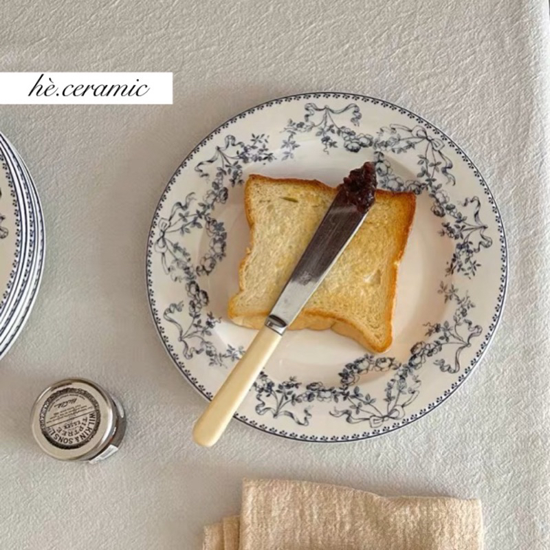 HÈ.CERAMIC / Dĩa viền hoa lam vintage LAM plates. Dĩa viền hoa nhẹ nhàng vintage. Dĩa bánh đồng quê.