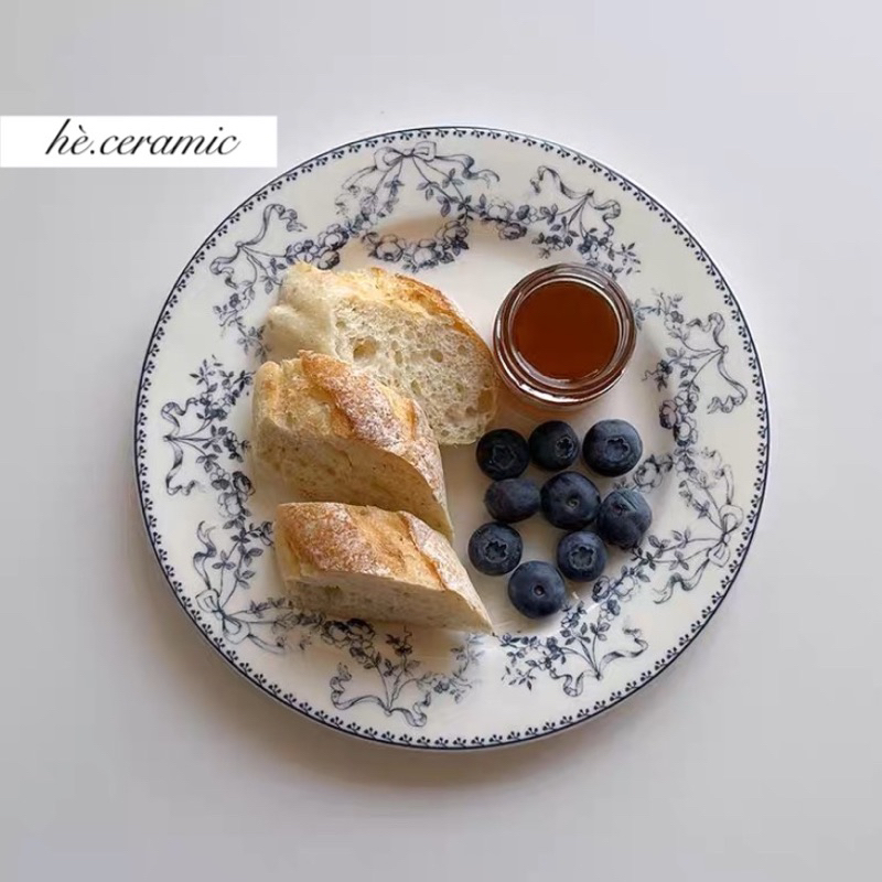 HÈ.CERAMIC / Dĩa viền hoa lam vintage LAM plates. Dĩa viền hoa nhẹ nhàng vintage. Dĩa bánh đồng quê.