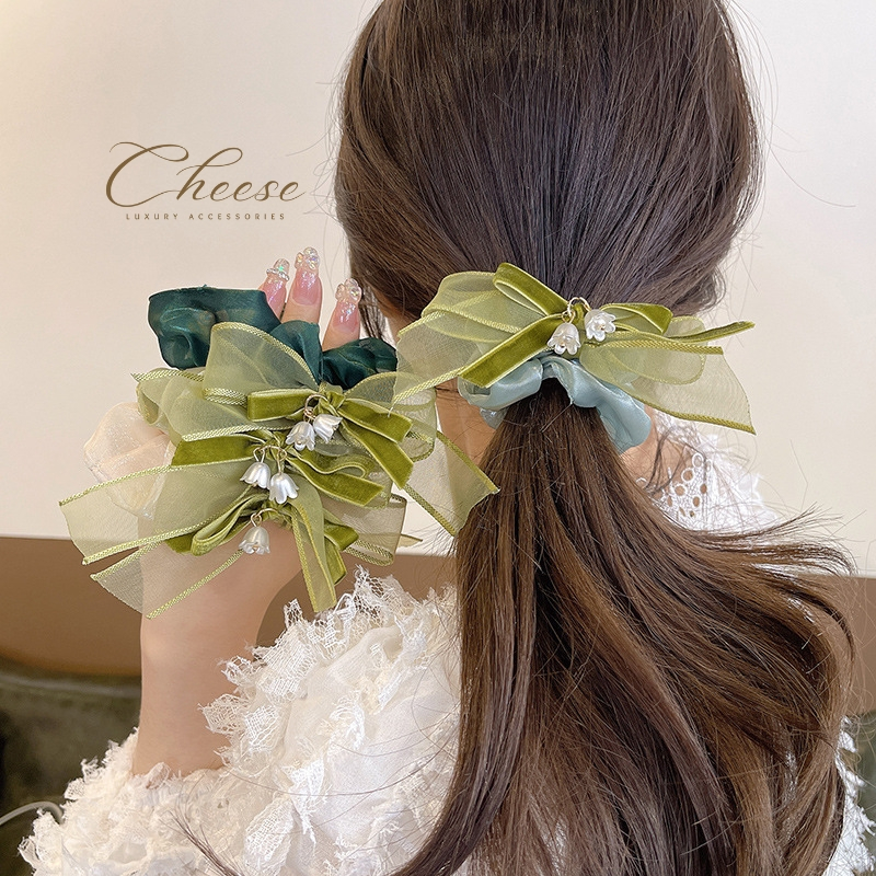 Dây buộc tóc/Cột tóc Scrunchies màu xanh lá cây voan lưới đính hoa lily trắng sang trọng phong cách vintage Hàn Quốc