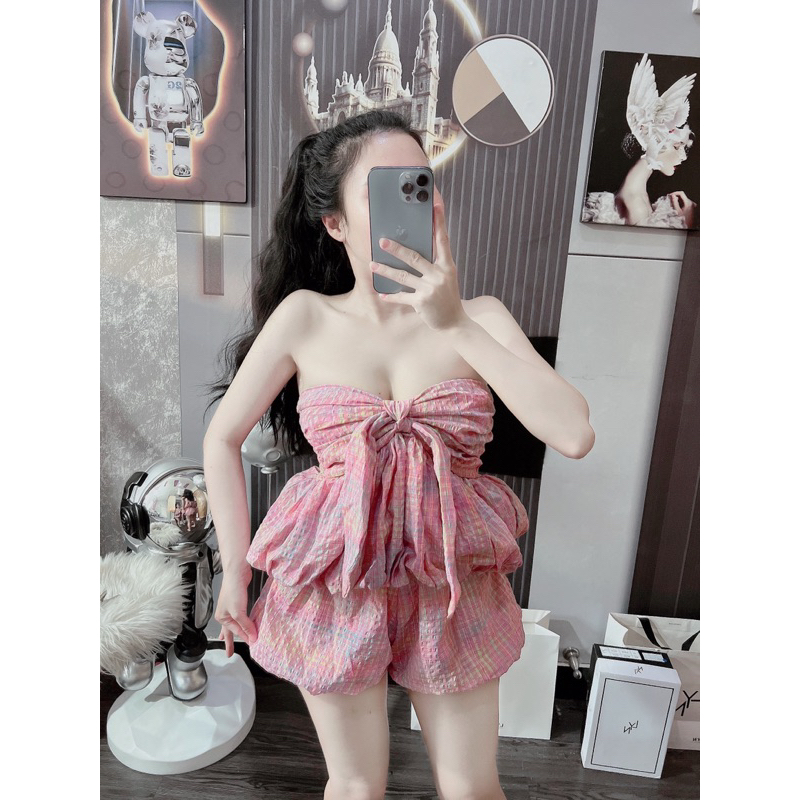 Set Caro Hồng Nơ Bí Phồng Xinh Hình Thật