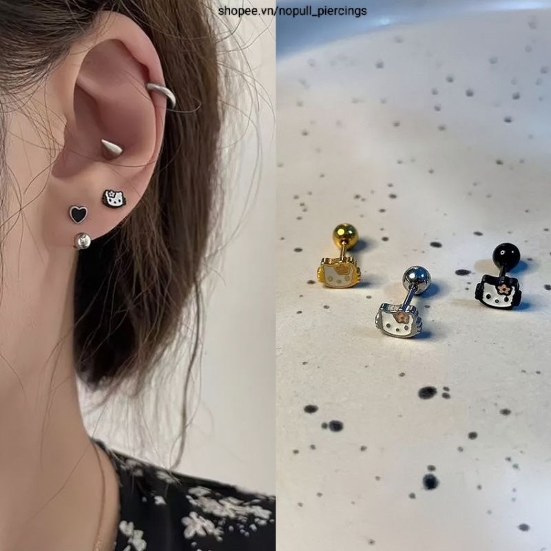 (1 chiếc) Khuyên tai hình mèo - Khuyên Tai Mèo Hello Kitty - Khuyên thép y tế - Khuyên xỏ tai [SHIPHOATOC]