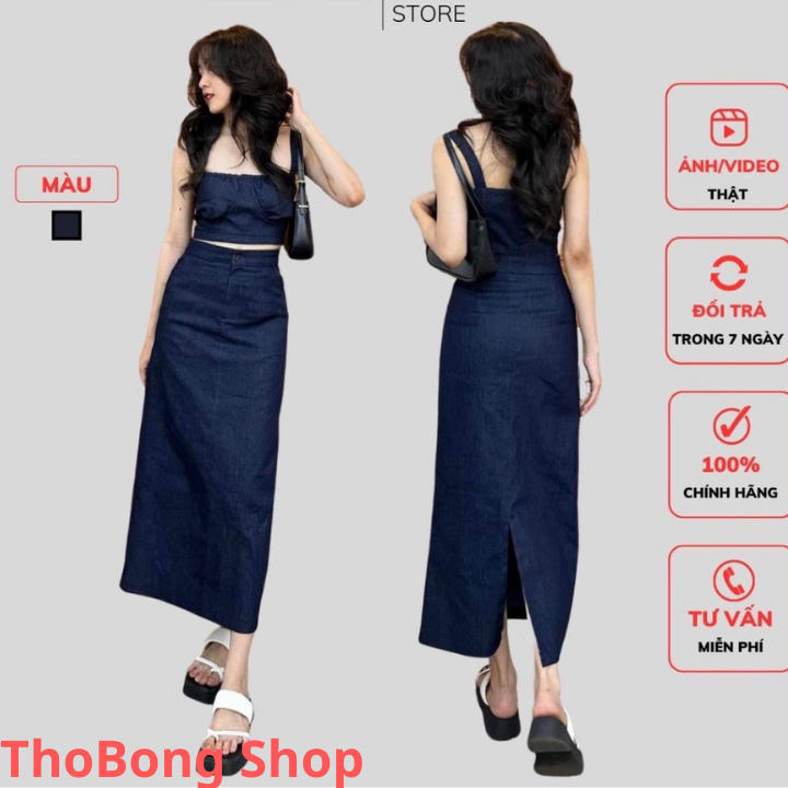 Set Jean Nữ , Áo Crotop Kèm Chân Váy Xẻ Sau Chất Liệu Denim Phong Cách Trẻ Trung Sang Trọng.