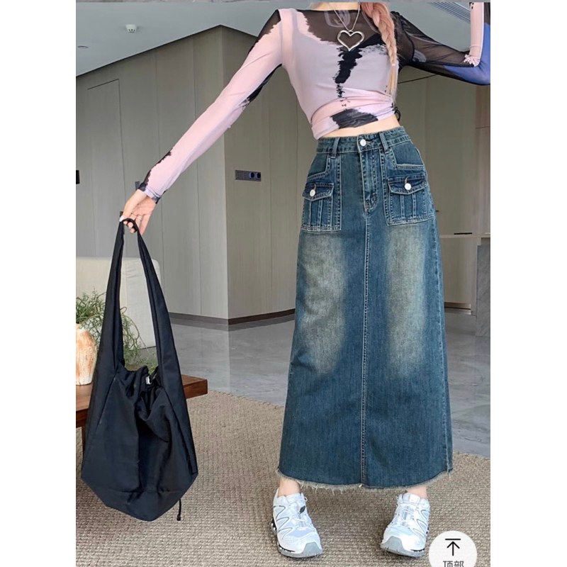 CHÂN VÁY BÒ JEANS DÁNG DÀI TÚI HỘP TUA GẤU CO GIÃN PHONG CÁCH HÀN QUỐC SIÊU HACK DÁNG