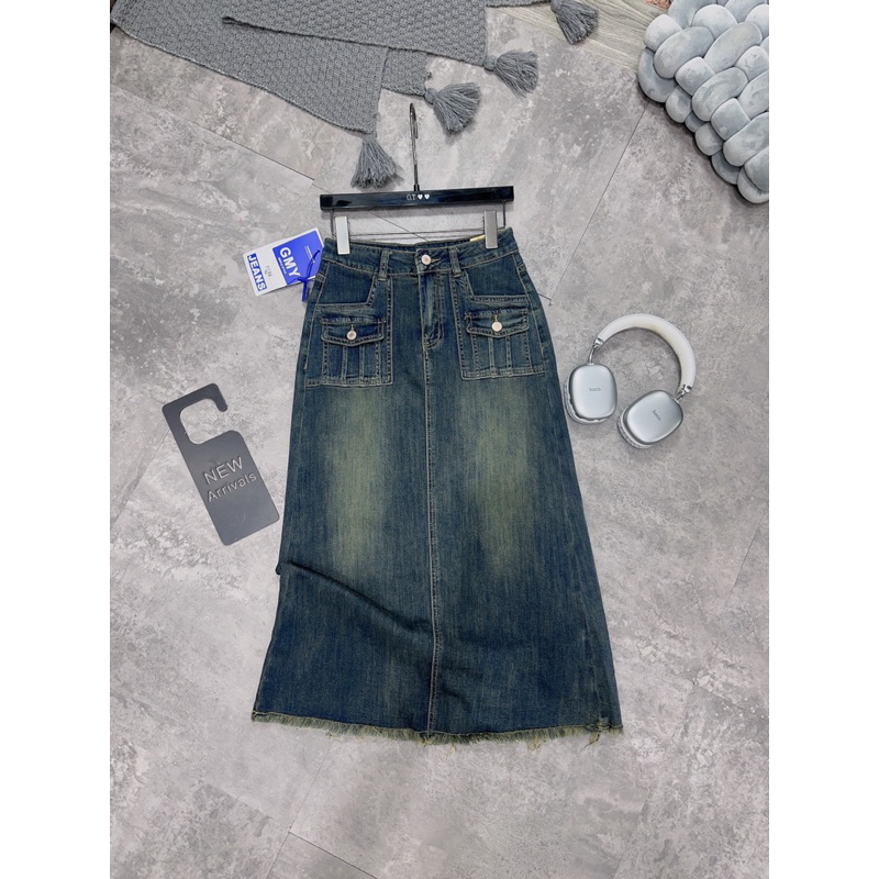CHÂN VÁY BÒ JEANS DÁNG DÀI TÚI HỘP TUA GẤU CO GIÃN PHONG CÁCH HÀN QUỐC SIÊU HACK DÁNG