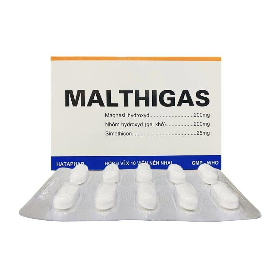 Viên nhai dạ dày Malthigas hộp 60 viên làm giảm các triệu chứng đầy hơi, khó tiêu, chướng bụng, nóng rát dạ dày