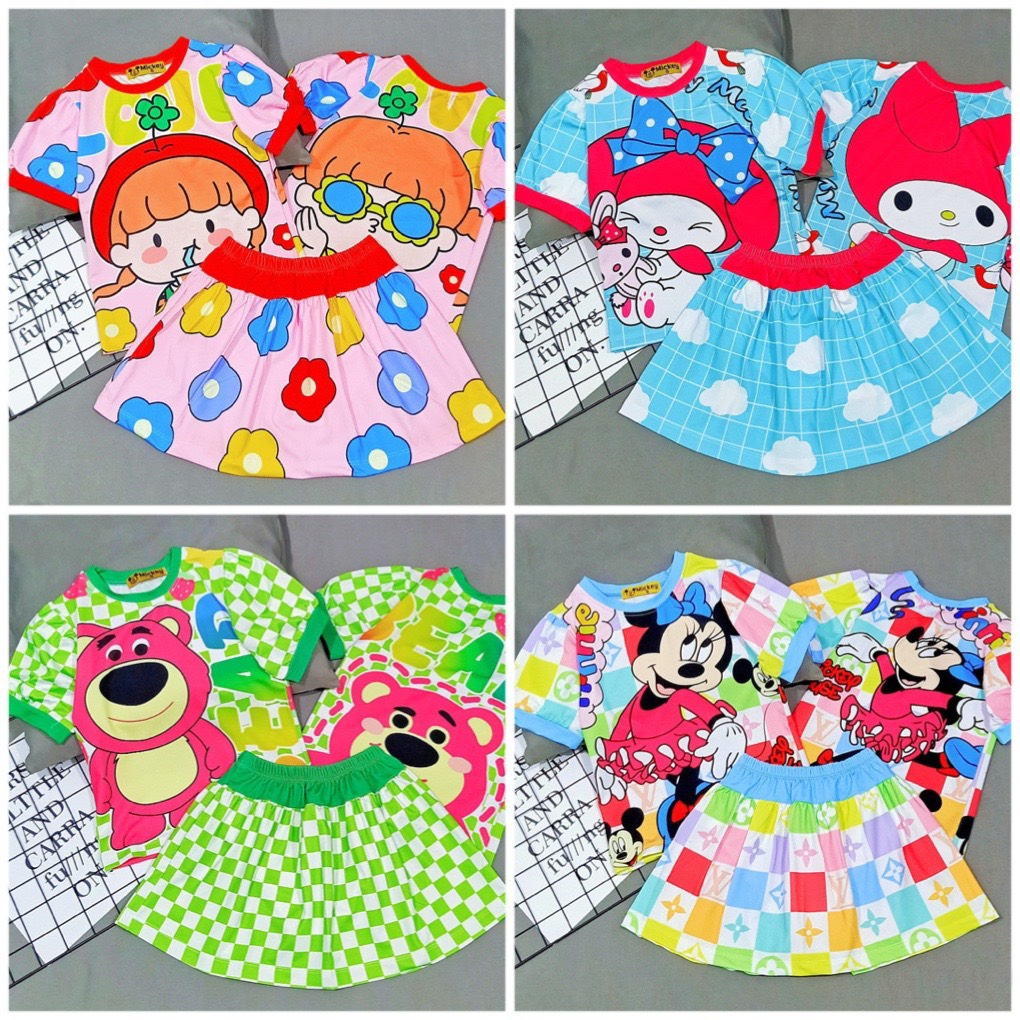 10-38kg Sét áo tay ngắn và chân váy có chip bên trong, thun lạnh 3D siêu cưng, mềm đẹp 704