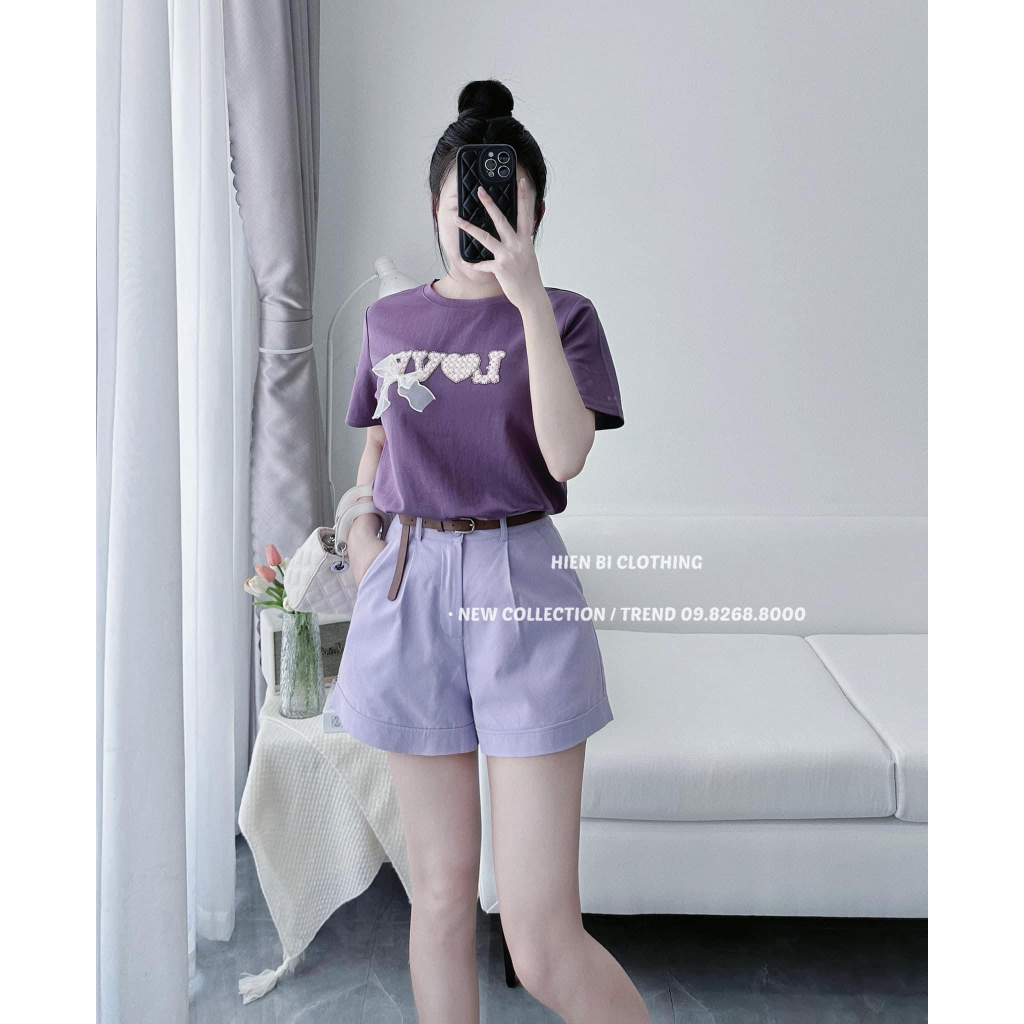 Set Bộ Đồ Nữ 3 Món Áo Phông LOVE Nơ Nổi Mix Quần Sooc Đùi Kèm Dây Thắt Lưng Freesize