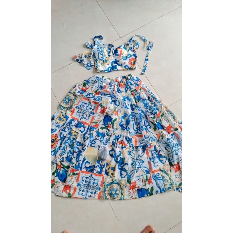 Set bộ tắm biển, thời trang nữ đi chơi chất voan hoa cổ dây có lót váy lưng thun dài xoè in hoa maxi xinh lộng lẫy