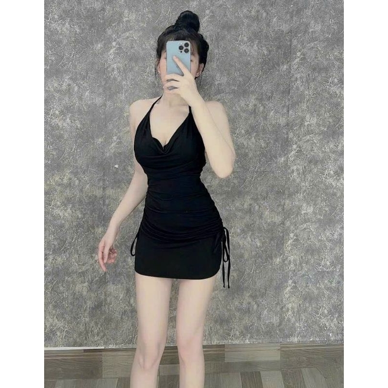 Đầm Thun Lụa Dẻo Cột Dây Yếm Cổ Đổ - Ngắn Rút Dây Nửa Hai Bên Hông Ôm Body Sexy - Tiểu Thư Bánh Bèo Sang Chảnh Đi Chơi