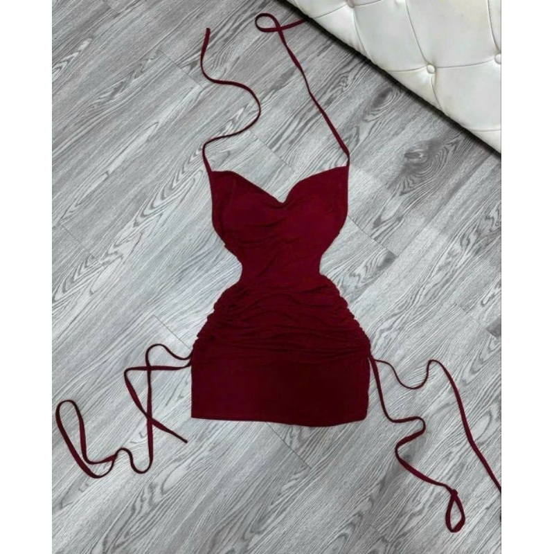 Đầm Thun Lụa Dẻo Cột Dây Yếm Cổ Đổ - Ngắn Rút Dây Nửa Hai Bên Hông Ôm Body Sexy - Tiểu Thư Bánh Bèo Sang Chảnh Đi Chơi