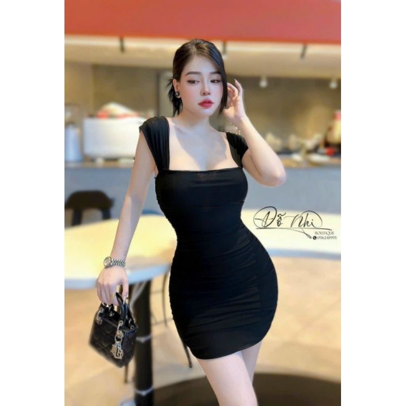 Đầm Cổ Vuông Hai Dây Bản To Xéo Cánh Tiên - Ngắn Nhún Thân Ôm Body Sexy - Tiểu Thư Bánh Bèo Cute Sang Chảnh Đi Chơi
