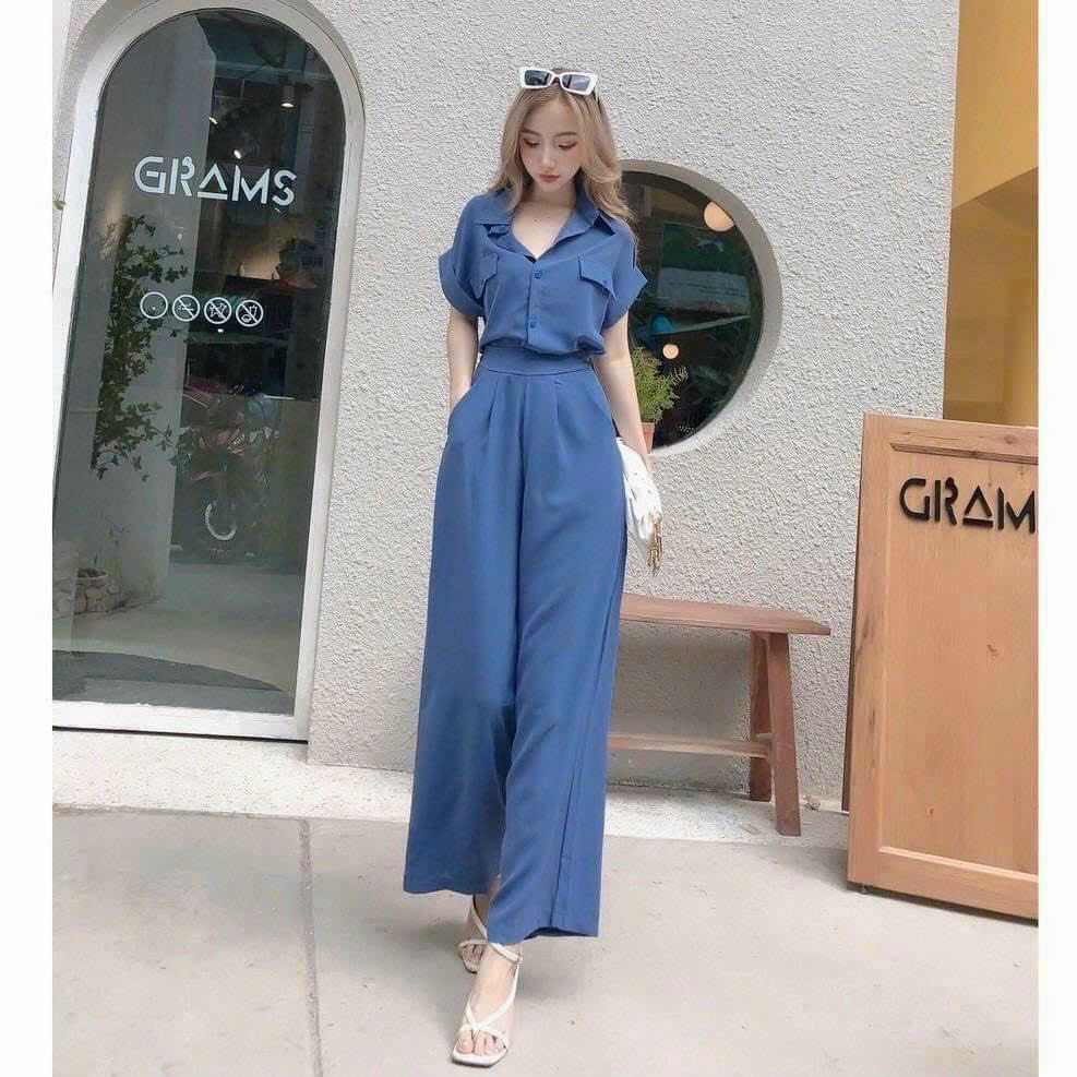 Set sơ mi nữ quần dài chất đũi, đồ bộ nữ, áo sơ mi tay lận lai phối túi giả, quần dài, quần suông