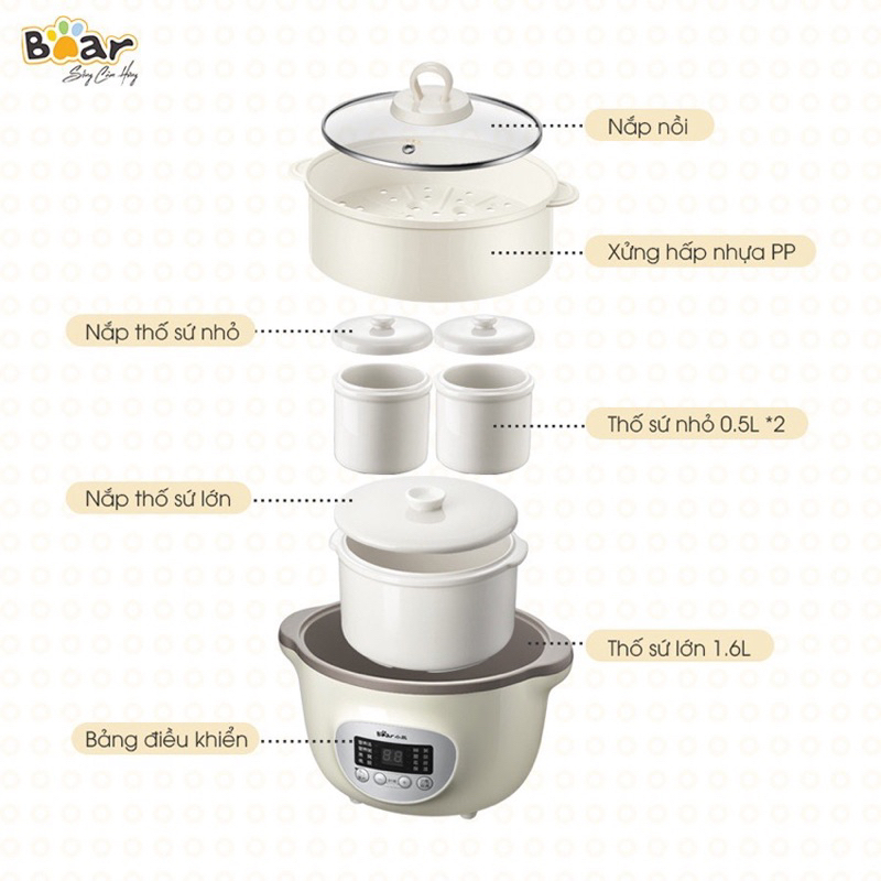 Nồi Nấu Chậm BEAR mã DDZ-D16J3 1,6L ninh hầm cách thuỷ kèm vỉ hấp và 3 thố sứ chính hãng BH 12 tháng