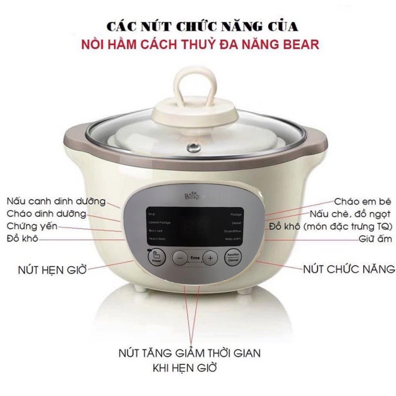Nồi Nấu Chậm BEAR mã DDZ-D16J3 1,6L ninh hầm cách thuỷ kèm vỉ hấp và 3 thố sứ chính hãng BH 12 tháng