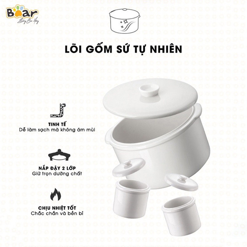 Nồi Nấu Chậm BEAR mã DDZ-D16J3 1,6L ninh hầm cách thuỷ kèm vỉ hấp và 3 thố sứ chính hãng BH 12 tháng
