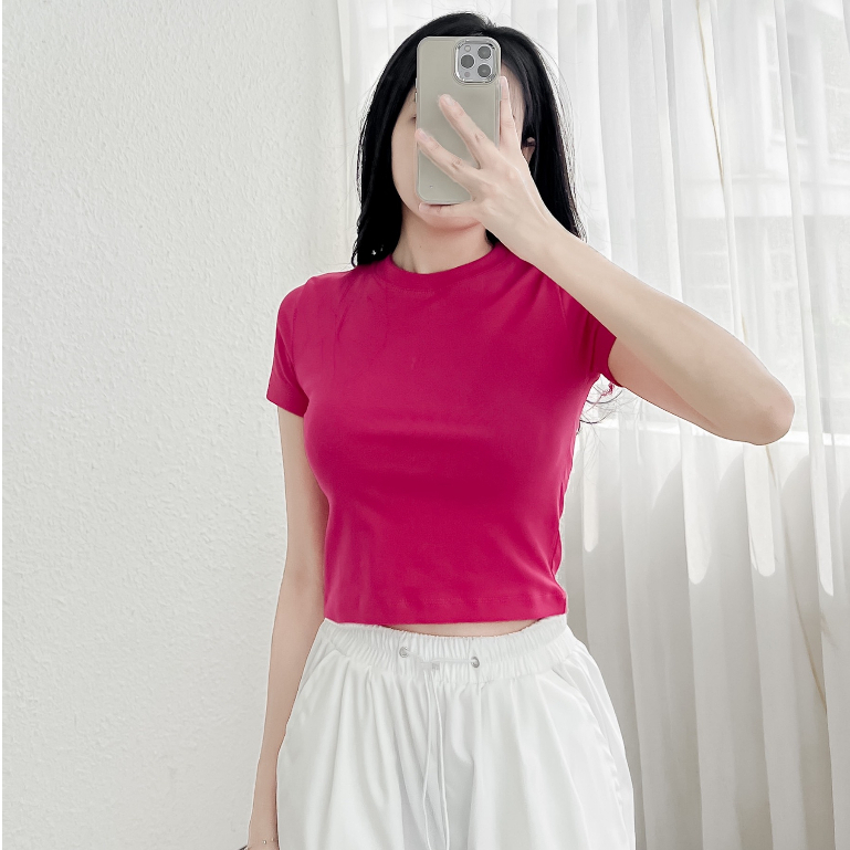 Áo croptop trơn cổ tròn chất coton mềm mịn thấm hút mồ hôi cho nữ