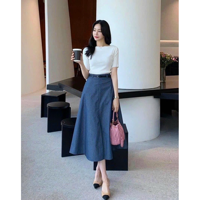 Sét áo pull trắng mix Cv midi màu xanh kèm belt-cạp khóa