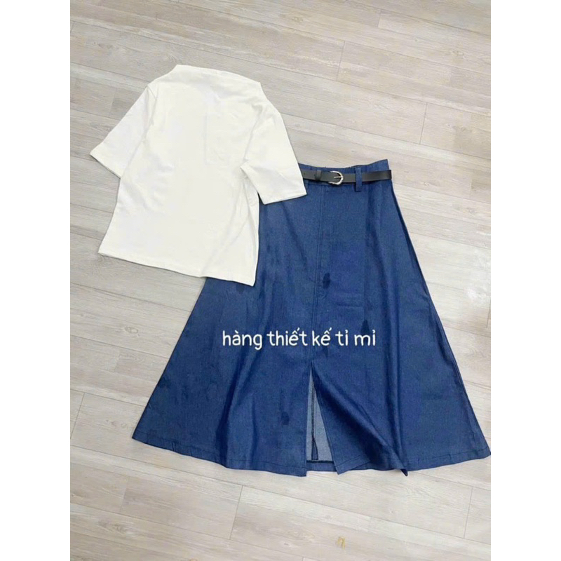 Sét áo pull trắng mix Cv midi màu xanh kèm belt-cạp khóa