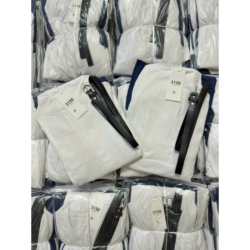 Sét áo pull trắng mix Cv midi màu xanh kèm belt-cạp khóa