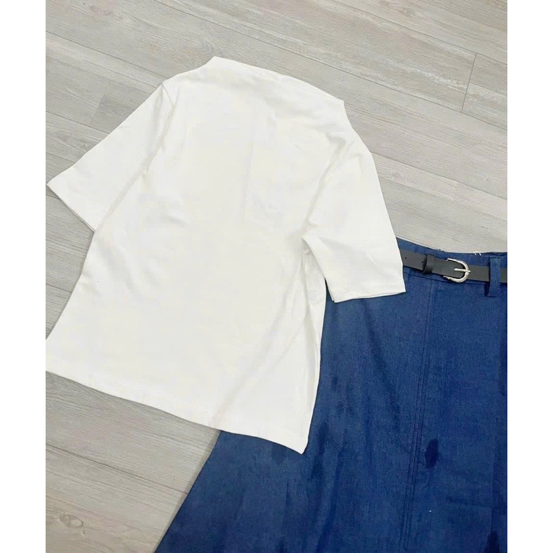 Sét áo pull trắng mix Cv midi màu xanh kèm belt-cạp khóa