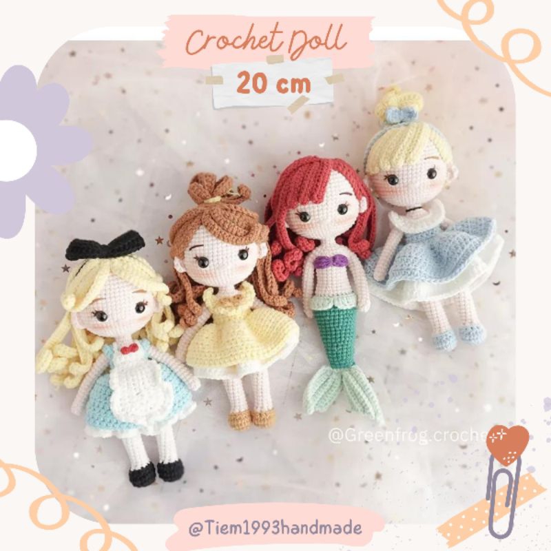 Búp bê len crochet 20cm Belle, Alice, Ariel, Cinderella, Snow White nhà Green Frog Crochet, made by Tiệm 1993 Handmade