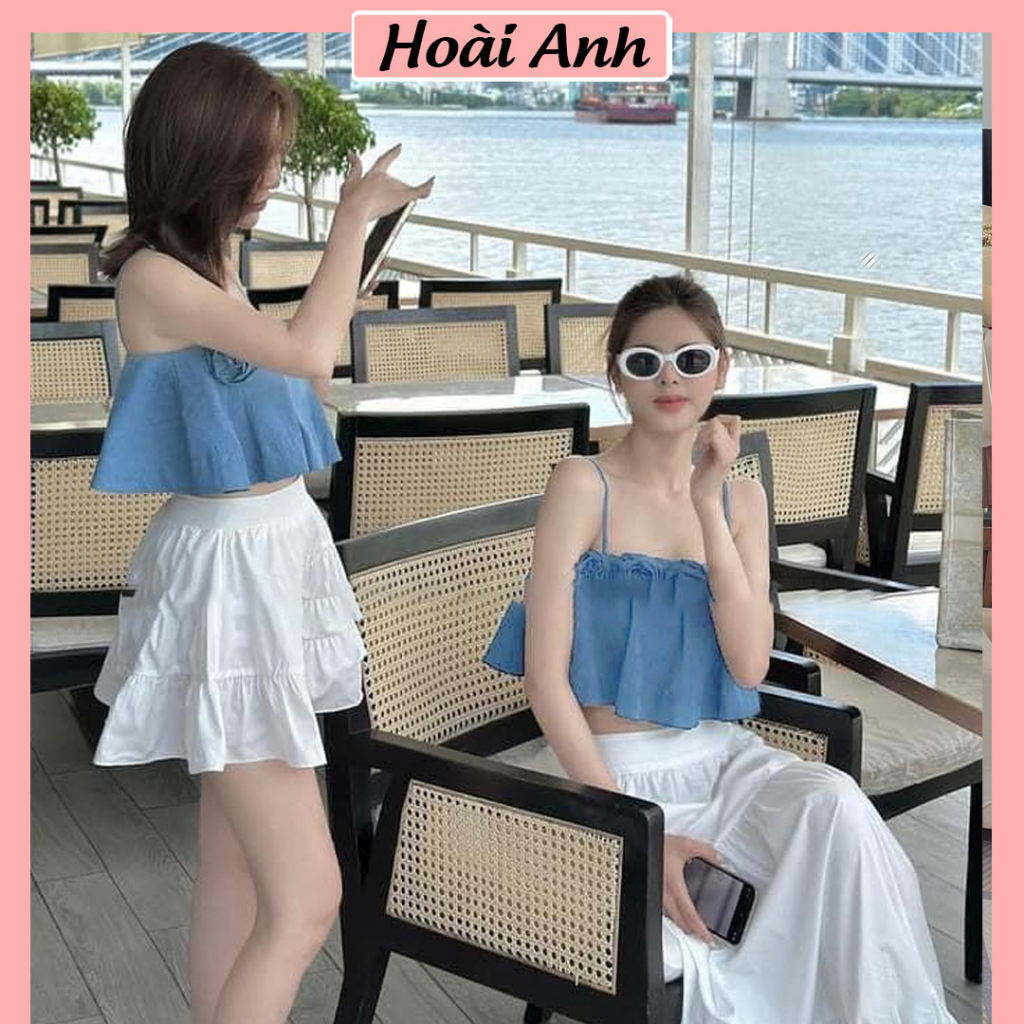 Set Bộ Đồ Nữ Áo 2 Dây Bò Giấy Hoa Hồng Nổi Mix Chân Váy Thô Lụa Trắng Có Lót Trong Freesize