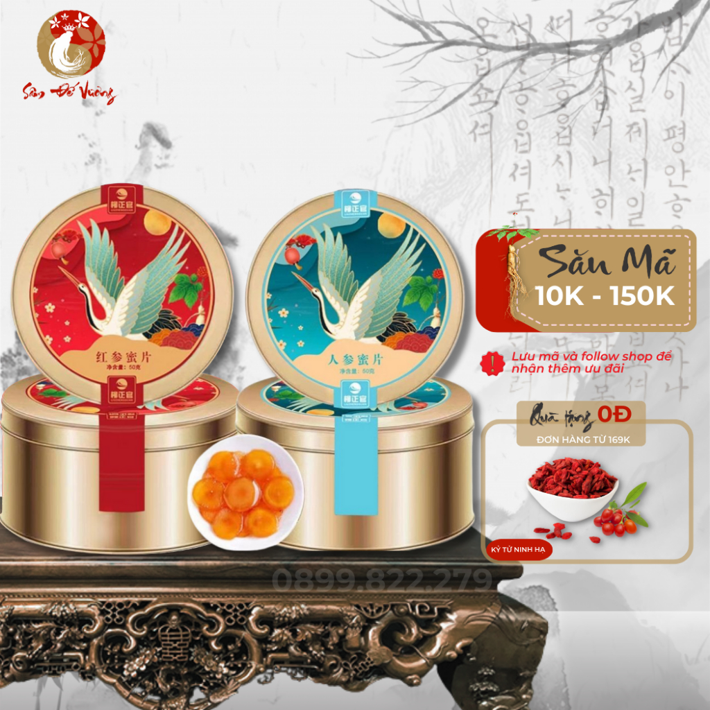 Nhân Sâm Lát Tẩm Mật Ong Hộp Thiếc Hoặc Tách Gói Tiện Dụng, Dễ Mang Theo - Giúp Tăng Năng Lượng Cơ Thể - Sâm Đế Vương