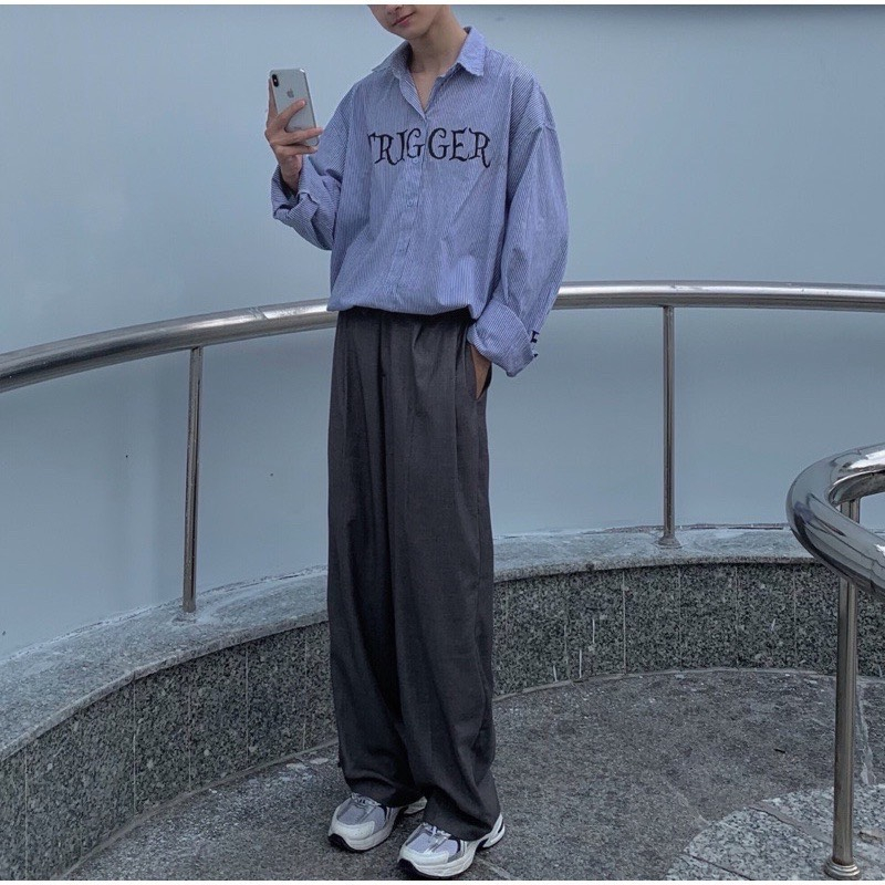 Áo Sơ MI Trigger Kẻ Xanh Dài Tay Vải Cotton Lụa Cao Cấp