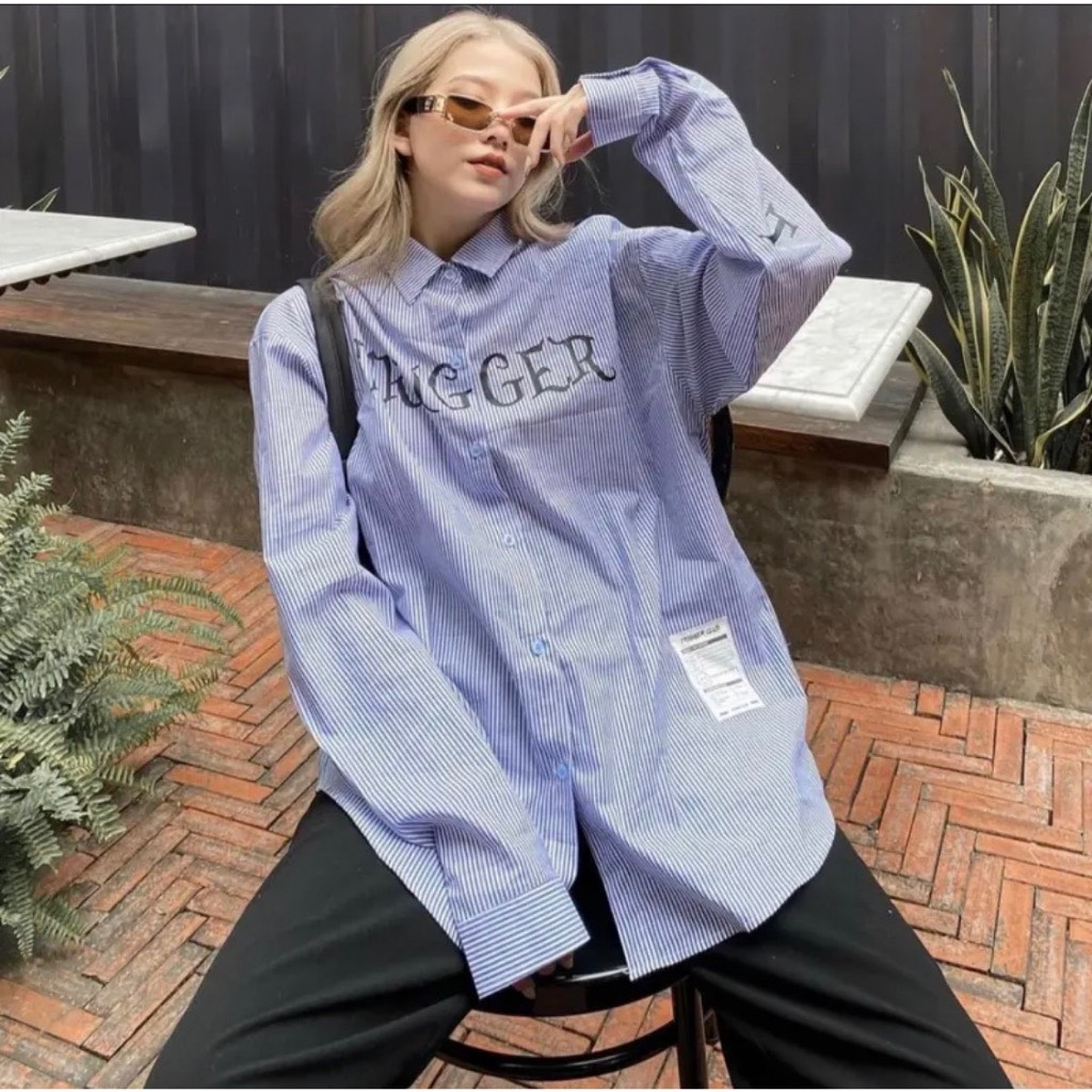 Áo Sơ MI Trigger Kẻ Xanh Dài Tay Vải Cotton Lụa Cao Cấp