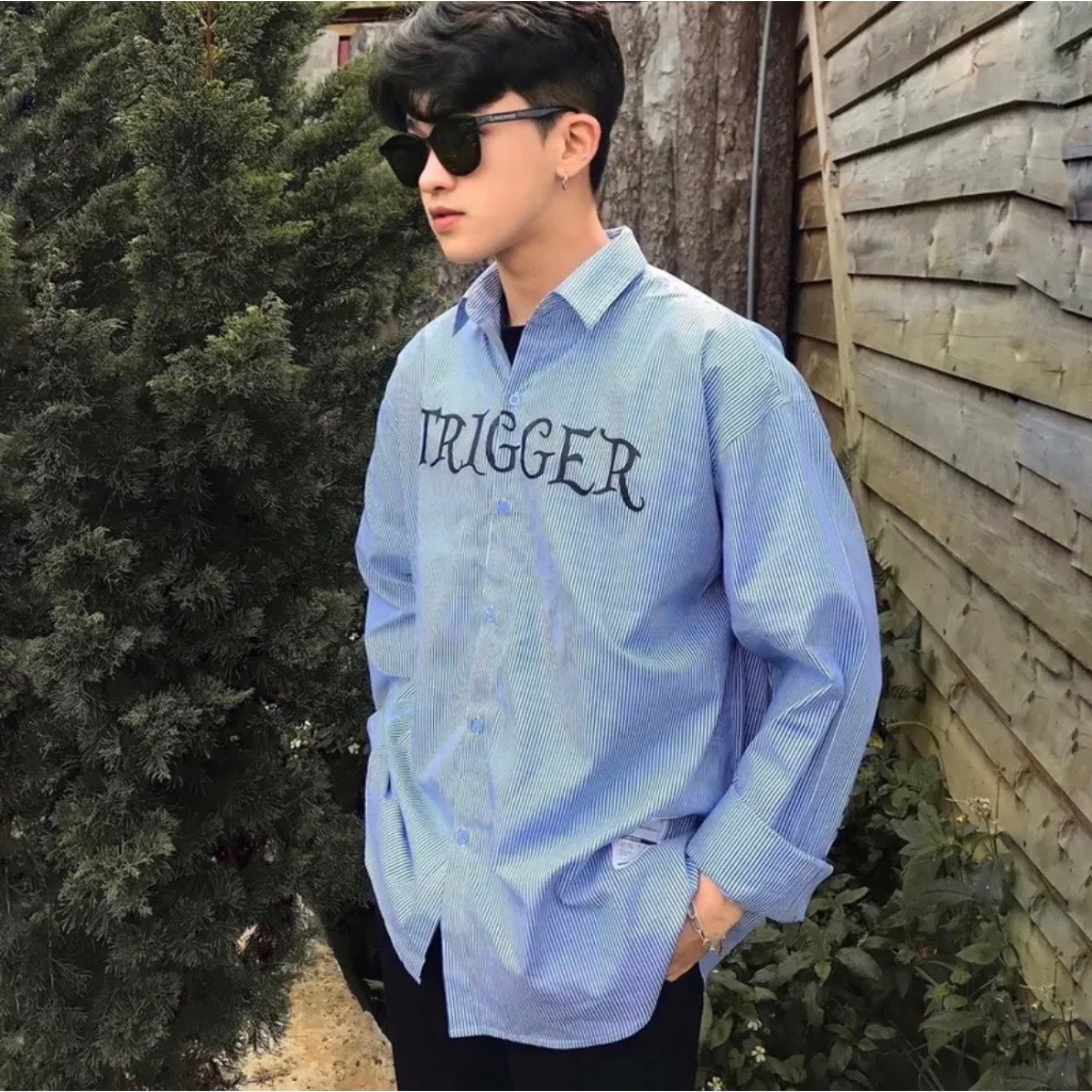 Áo Sơ MI Trigger Kẻ Xanh Dài Tay Vải Cotton Lụa Cao Cấp