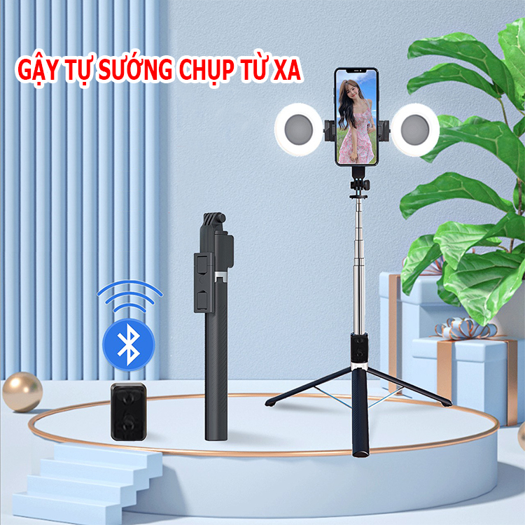 Gậy chụp ảnh 1m7 selfie chụp hình, tự sướng cao cấp 3 chân BT11, 2 đèn led trợ sáng, nút bluetooth điều khiển từ xa