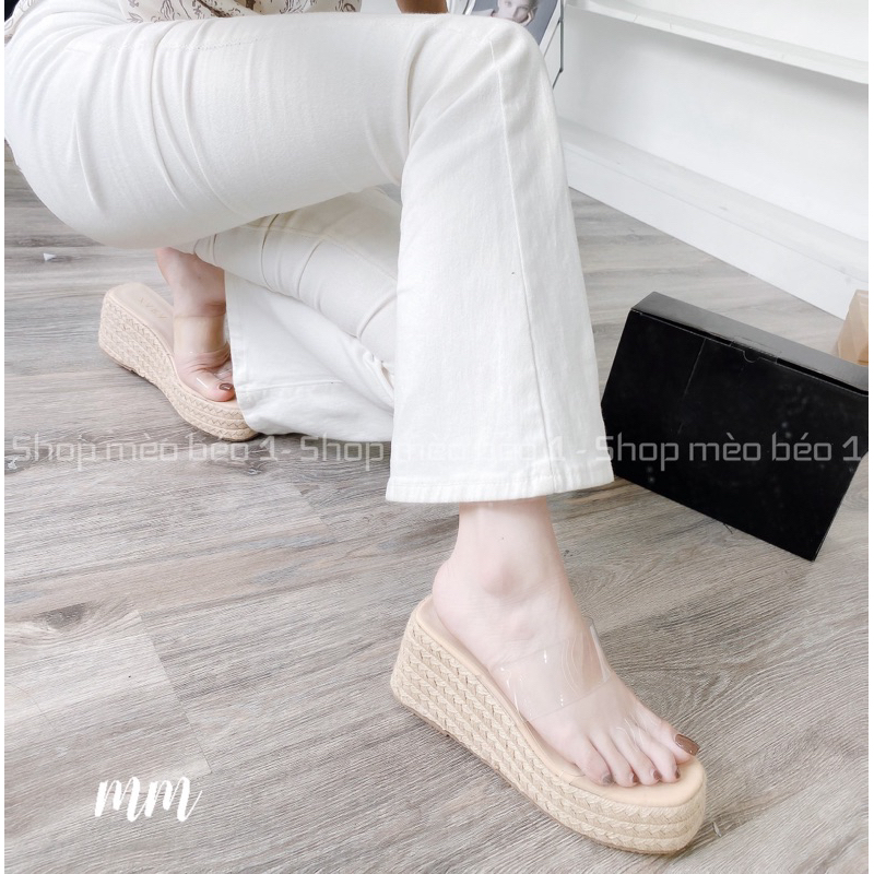 Dép zara hai quai mica ngang đế xuồng cói fullbox