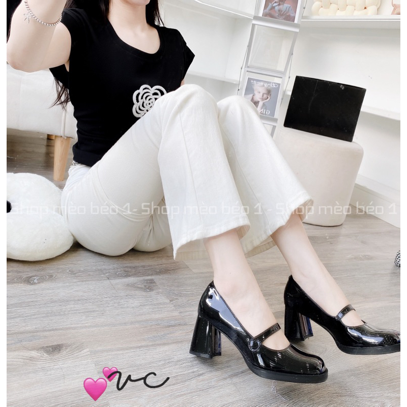 Giày cao gót da bóng mũi tròn quai ngang vintage gót trụ fullbox hàng quảng châu cao cấp