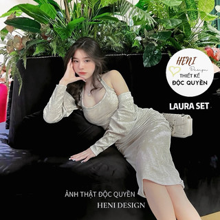 LAURA 𝐒𝐄𝐓 | Váy Body Thun Gân Cổ Yếm Đan Chéo Ngực + Áo Khoác Croptop [HÀNG 2 LỚP, THIẾT KẾ CAO CẤP], Heni Design