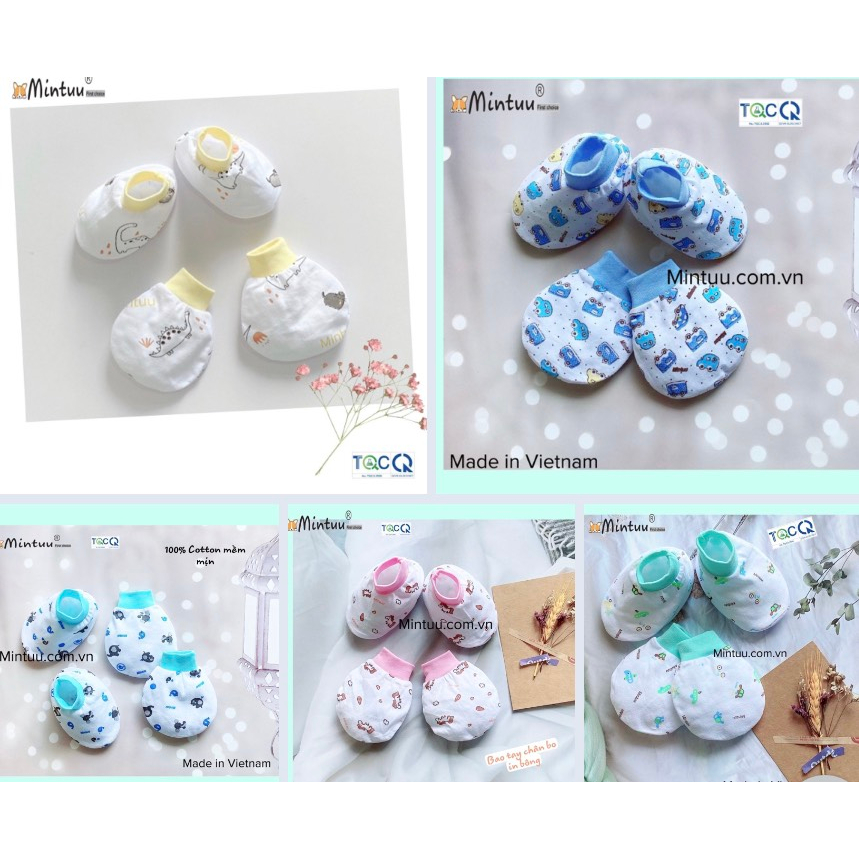 Bộ bao tay bao chân sơ sinh, bao tay chân bo trắng in bông, cho bé 0-6 tháng   hiệu MINTUU, vải 100% cotton