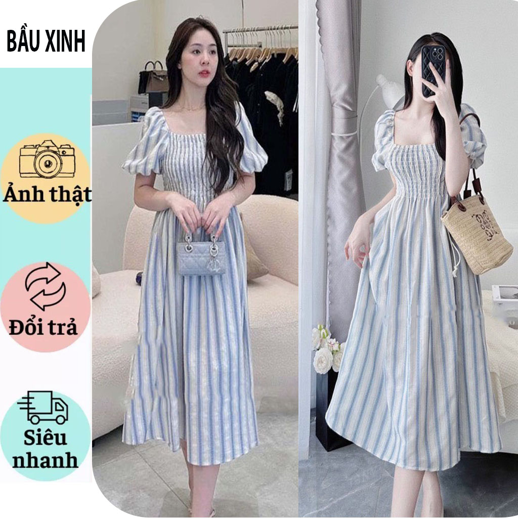 VÁY ĐẦM BẦU TIỂU XINH XẮN-ĐẦM BẦU CÔNG SỞ DỰ TIỆC ĐẸP BABYDOLL CỔ VUÔNG CHUN NGỰC TAY PHỒNG FRESIZE