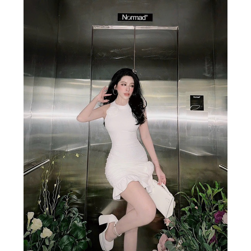 Đầm body ba lỗ dáng ngắn đính hoa hồng, váy nữ body hoa hồng