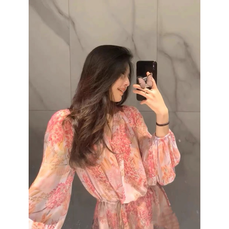 Đầm voan hoa dài tay