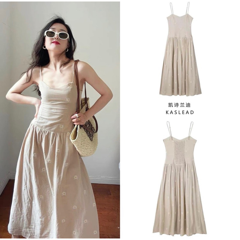 Đầm nude hai dây thêu hoa