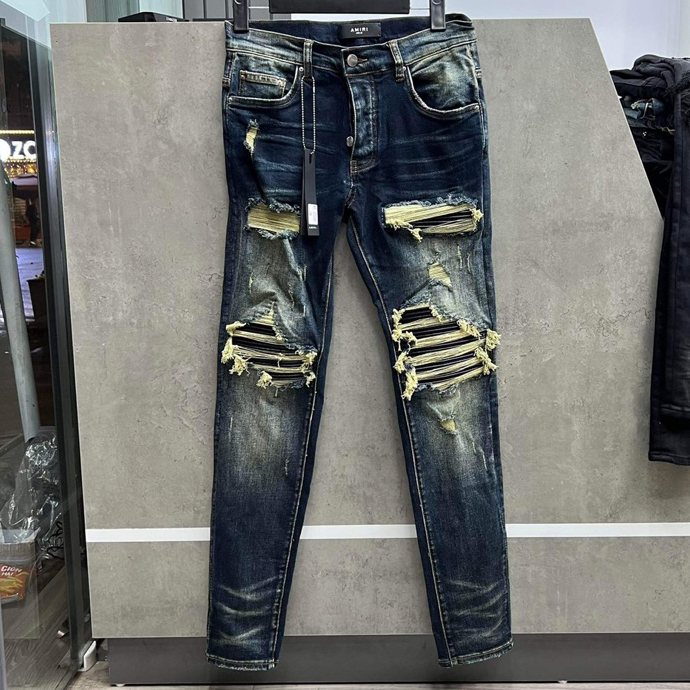 Quần Jean Nam AMIRI Xanh Vá Da Nhăn Bản Chuẩn 4 Khuy - Quần bò nam Amiri slimfit 4 cúc bản like_Au xanh sẫm