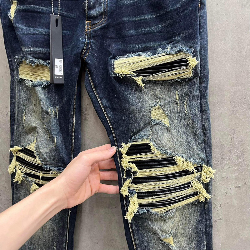 Quần Jean Nam AMIRI Xanh Vá Da Nhăn Bản Chuẩn 4 Khuy - Quần bò nam Amiri slimfit 4 cúc bản like_Au xanh sẫm