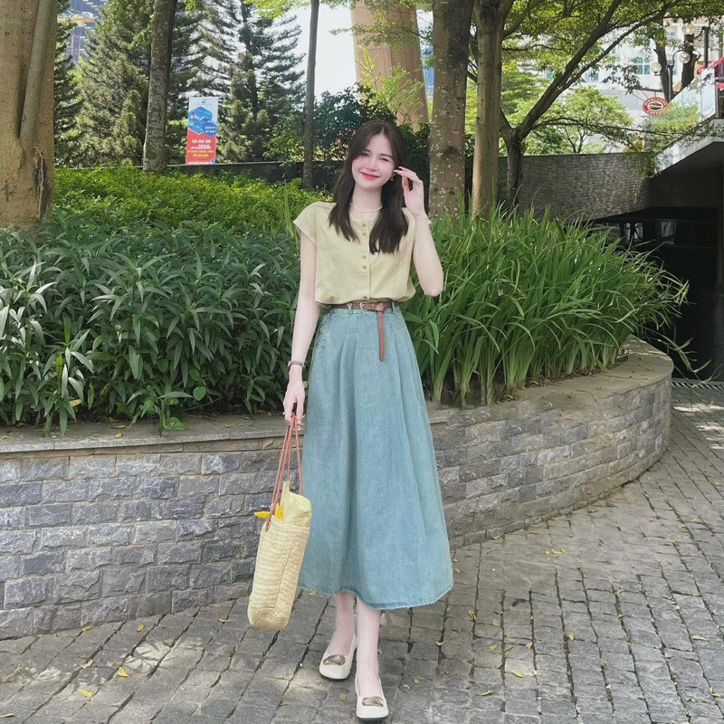 Áo sơ mi vàng chanh phối chân váy denim, set áo tay hến thiết kế cao cấp sang trọng đi làm đi chơi đi tiệc