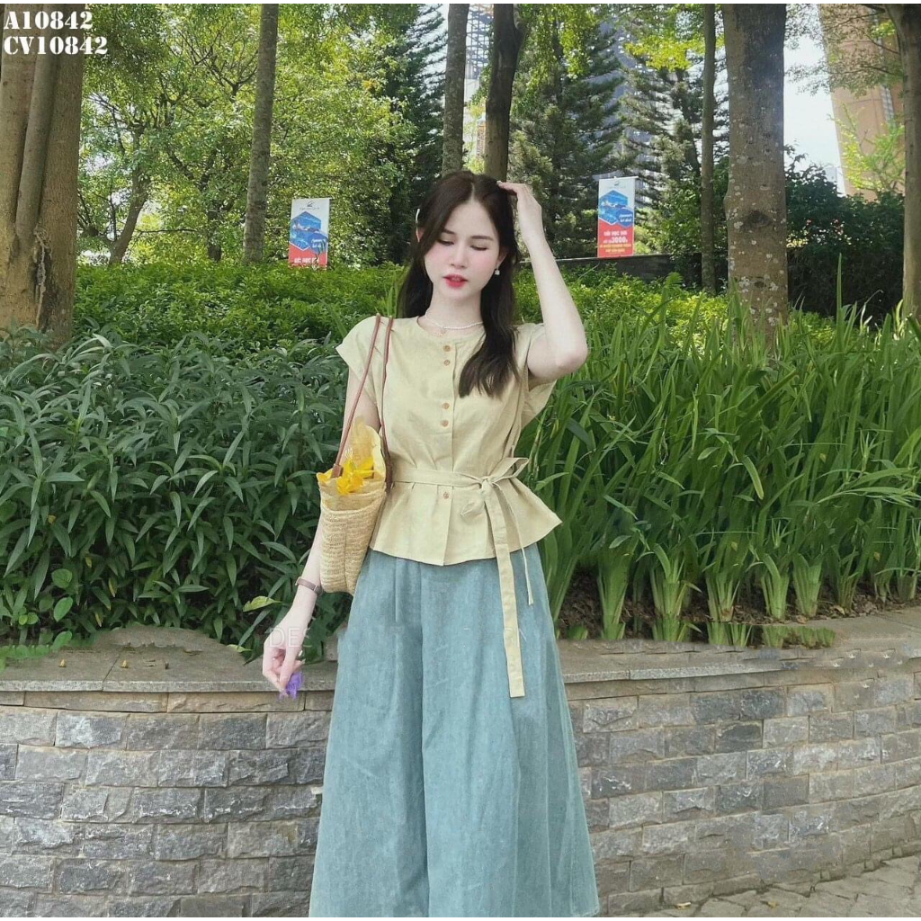 Áo sơ mi vàng chanh phối chân váy denim, set áo tay hến thiết kế cao cấp sang trọng đi làm đi chơi đi tiệc