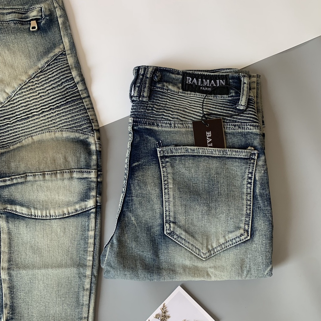 Quần Jean BATMAN Nam Xanh Bụi Phối Đùi Vải Nhăn Khoá Zip Quần Bò Nam Đùi Nhăn Phối Khóa Ngang