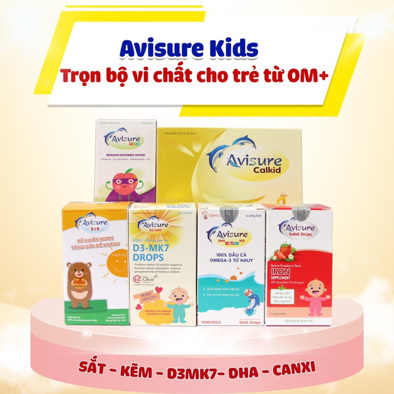 Avisure kids trọn bộ vi chất sắt kẽm canxi dha d3k2 men vi sinh cho bé