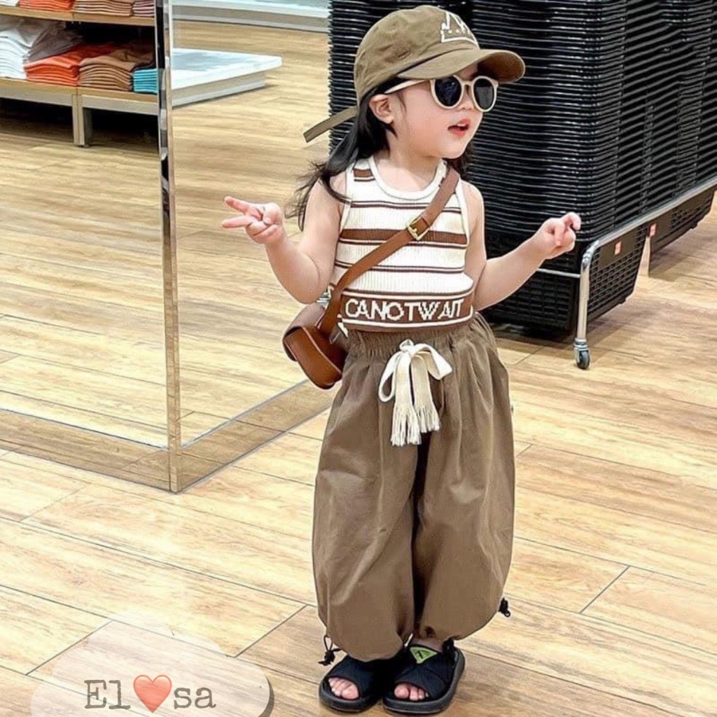Quần áo bé gái- Set Kẻ Nâu Canot Wait Cute Cho Bé 1-8 Tuổi