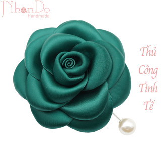Hoa cài áo Thủ công cao cấp NhanDo Handmade Hoa hồng Channel Lụa - Màu xanh bộ đội đk khoảng 8.5cm