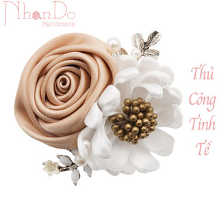 Hoa cài áo thủ công cao cấp- Chùm hoa Little Rose- size 7.5cm- Lụa-Hoa vải Nhando Handmade