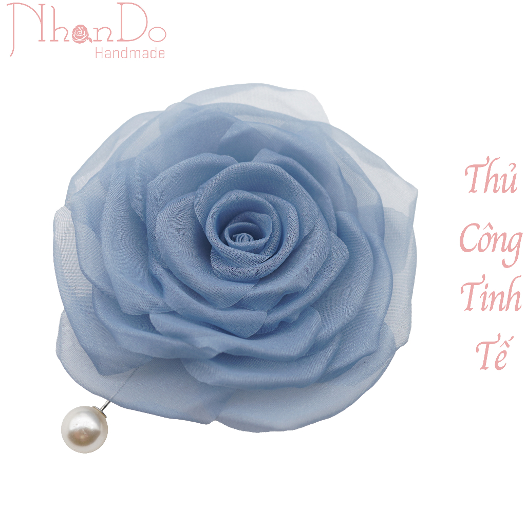 Hoa cài áo thủ công cao cấp- Hồng tường vi ( bản dẹt)- Màu xanh denim- size 9cm- Voan Hàn-Hoa vải Nhando Handmade