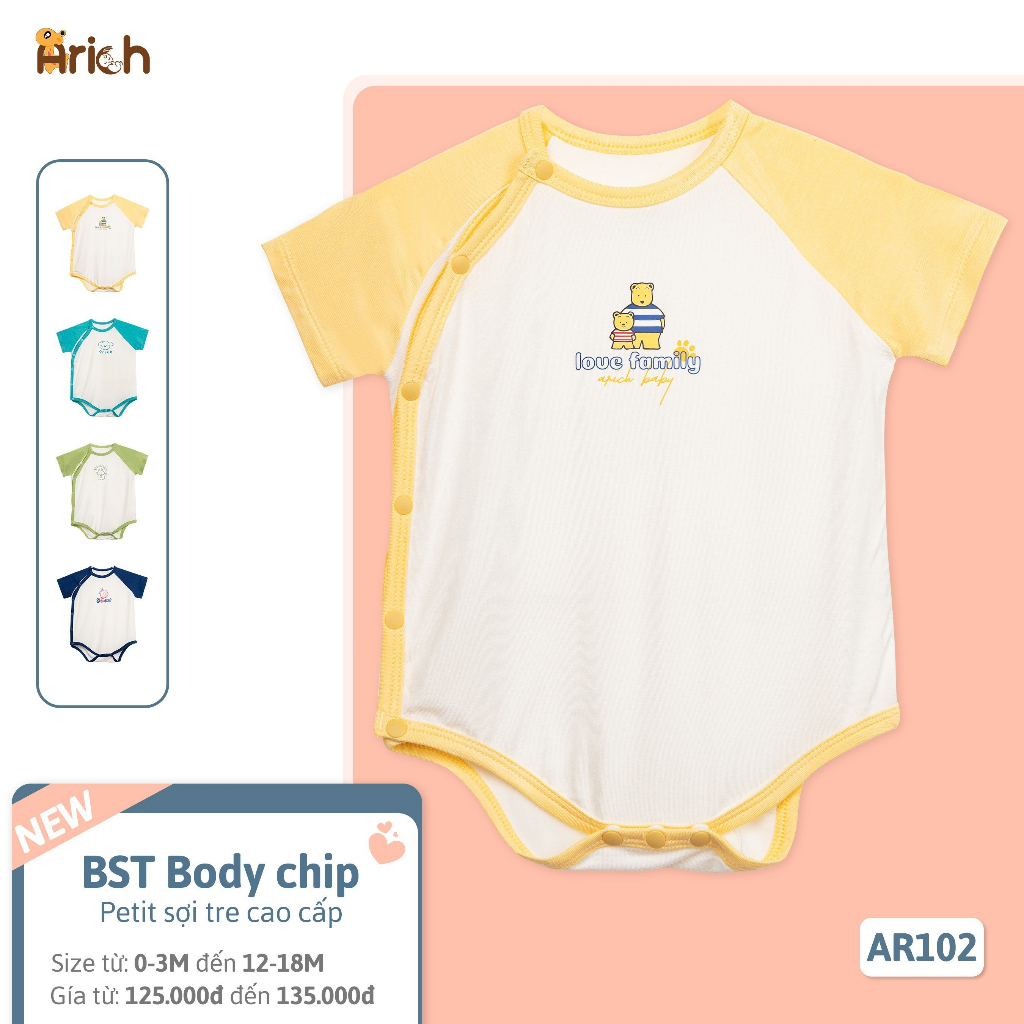 Newborn - 18 tháng,Body chip cài lệch Arich phối hình in ngộ nghĩnh